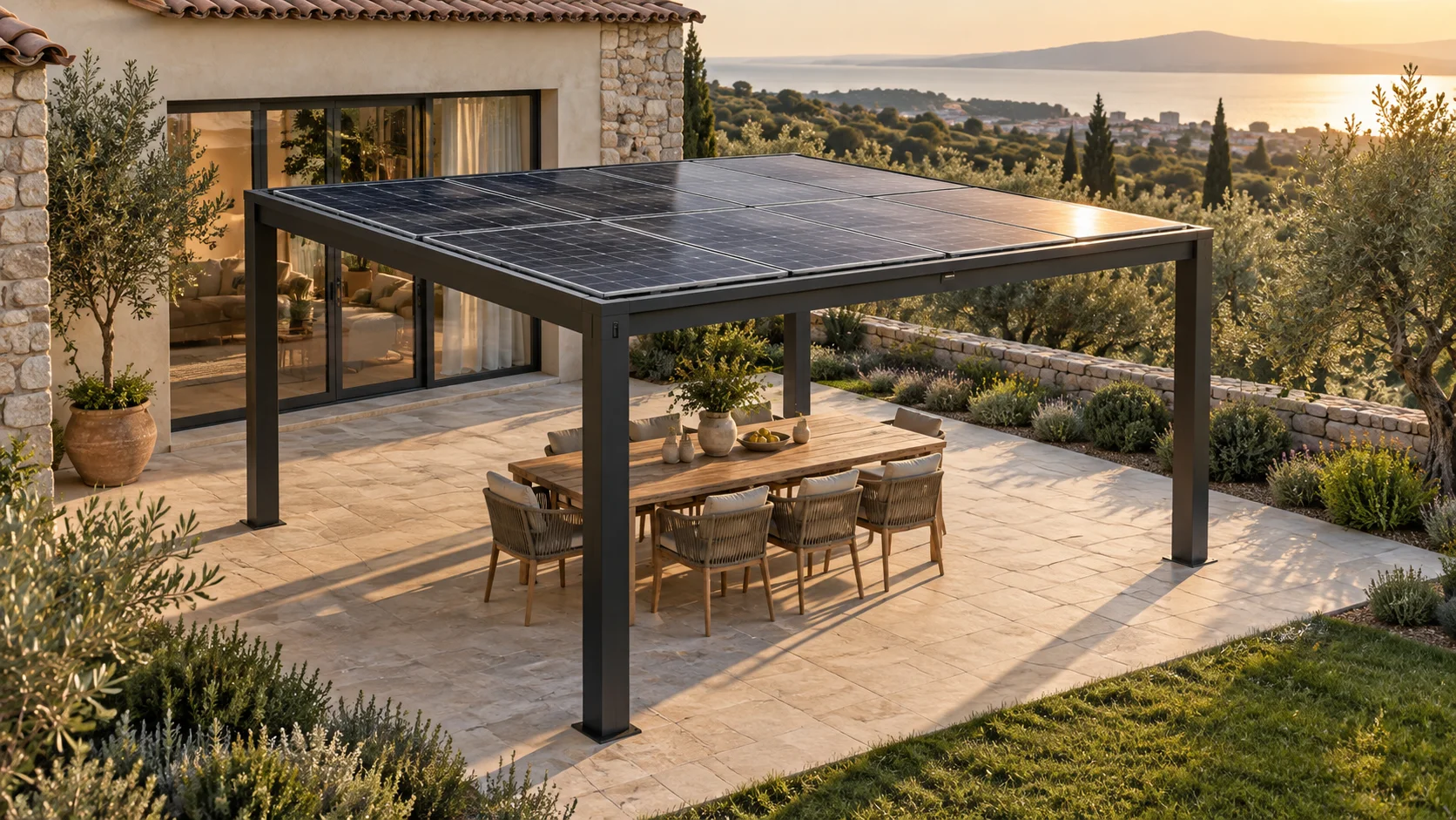 Proposta illustrativa di una pergola fotovoltaica PERGOVOLT in giardino